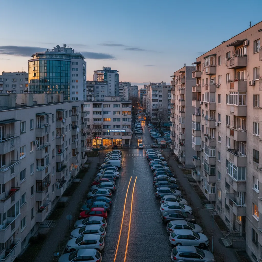 Večernja gužva na parkingu ispred zgrada